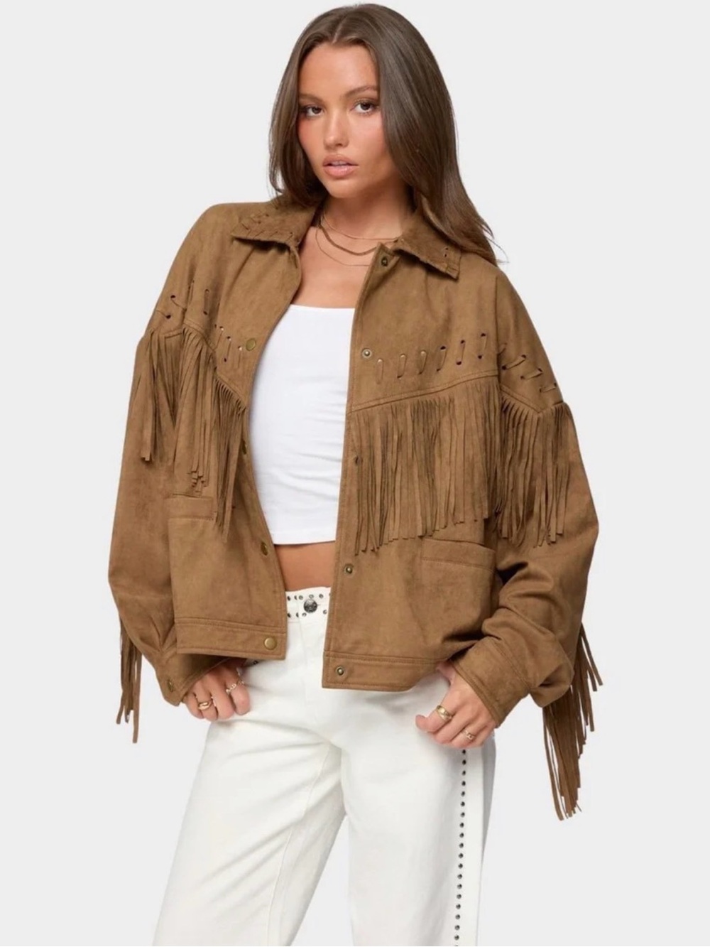 Edikted Evonka Fringe Faux Suede Jacket